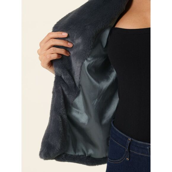 Women's Winter Cropped Jacket Notch Lapel Faux Fur Fluffy Coat Dark Grey - Picture 5 of 5